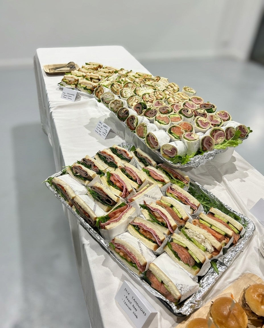 Wraps and sandwiches on a catering table