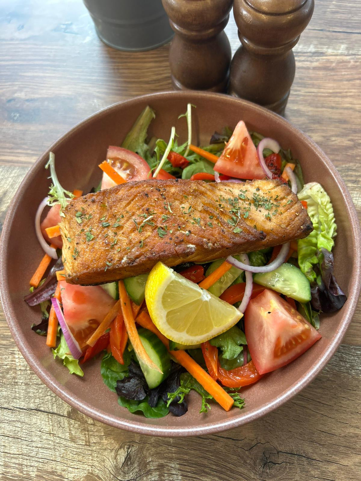 Garlic herb butter seared salmon with salad
